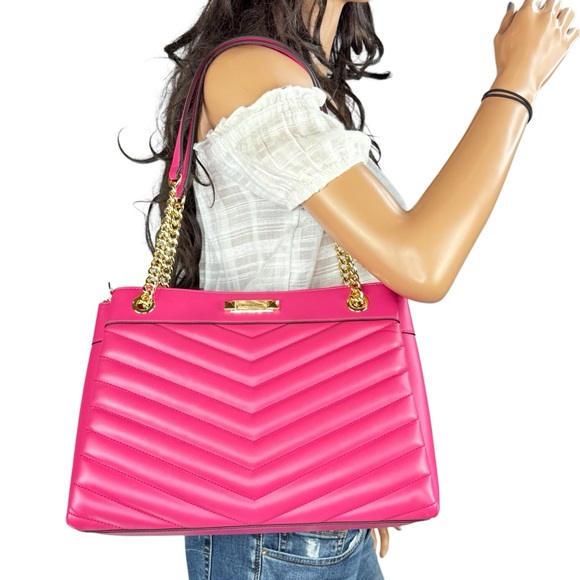 Michael Kors Whitney Medium Tote Shoulder Bag Qulited Stripe Electric Pink - Picture 1 of 16